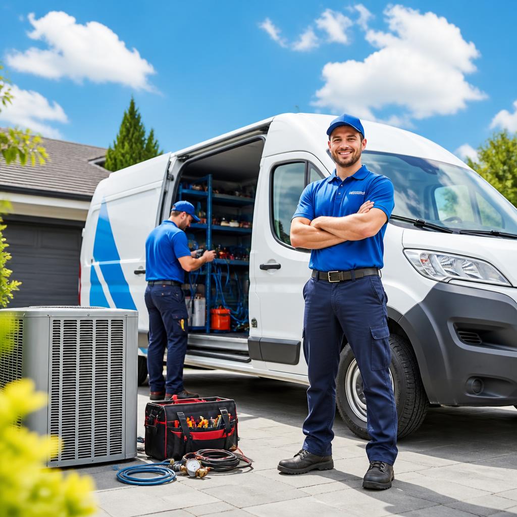 HVAC crew and service van in bright sunlight